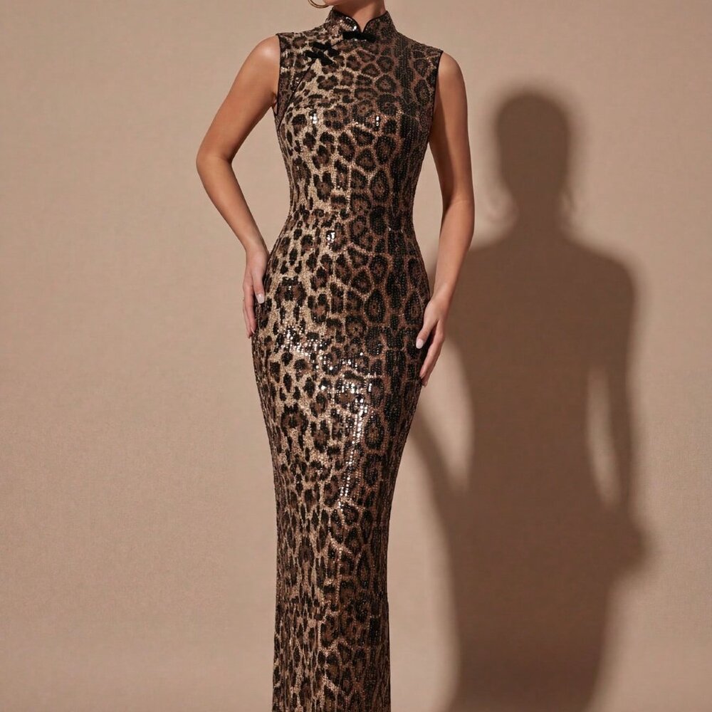 Brown Elegant Women's Leopard Print Sleeveless High Neck Long Dress